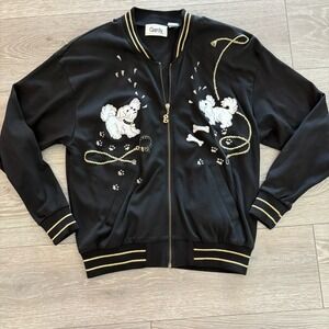 Gardy Womens Black Embroidered Dog Ribbed Cuff Pocket Full-Zip Bomber Jacket S
